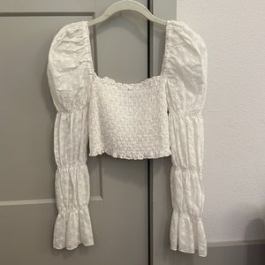 Princess Polly white smocked ruffle crop top long sleeve
